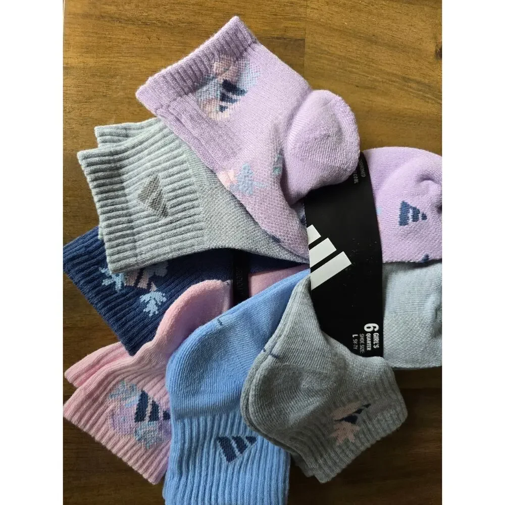 Adidas Girls' 6-Pack Athletic Cushioned Quarter Socks Multicolor Large (5Y-7Y)